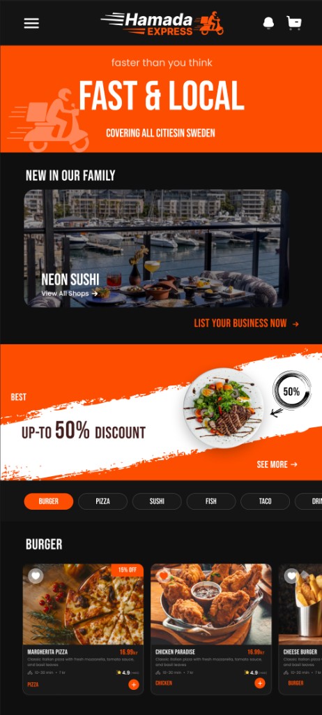 Hamada Express customer app in dark mode