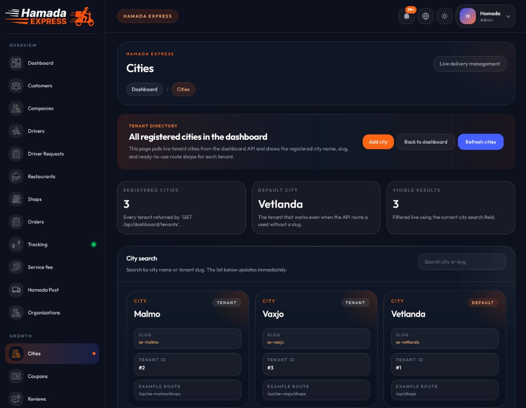 Hamada Express city dashboard — cities management