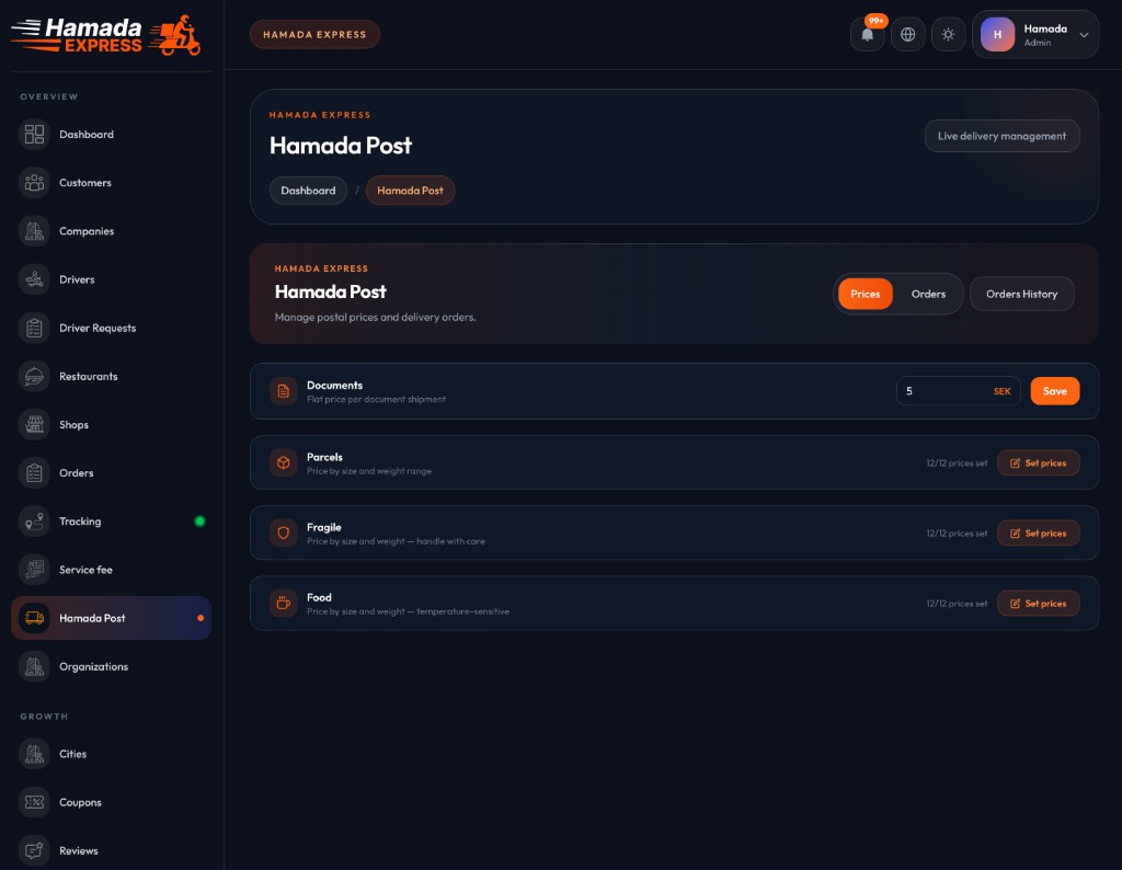 Hamada Express city dashboard — Hamada Post pricing