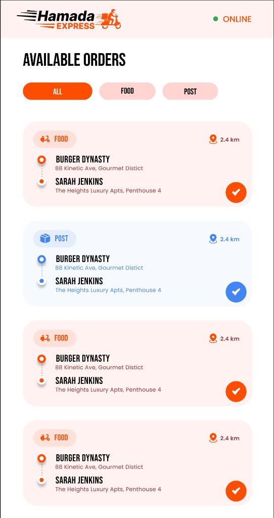 Hamada Express delivery app — available orders