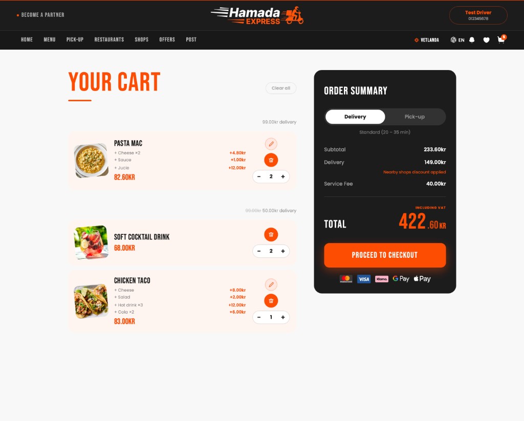 Hamada Express website — cart and order summary